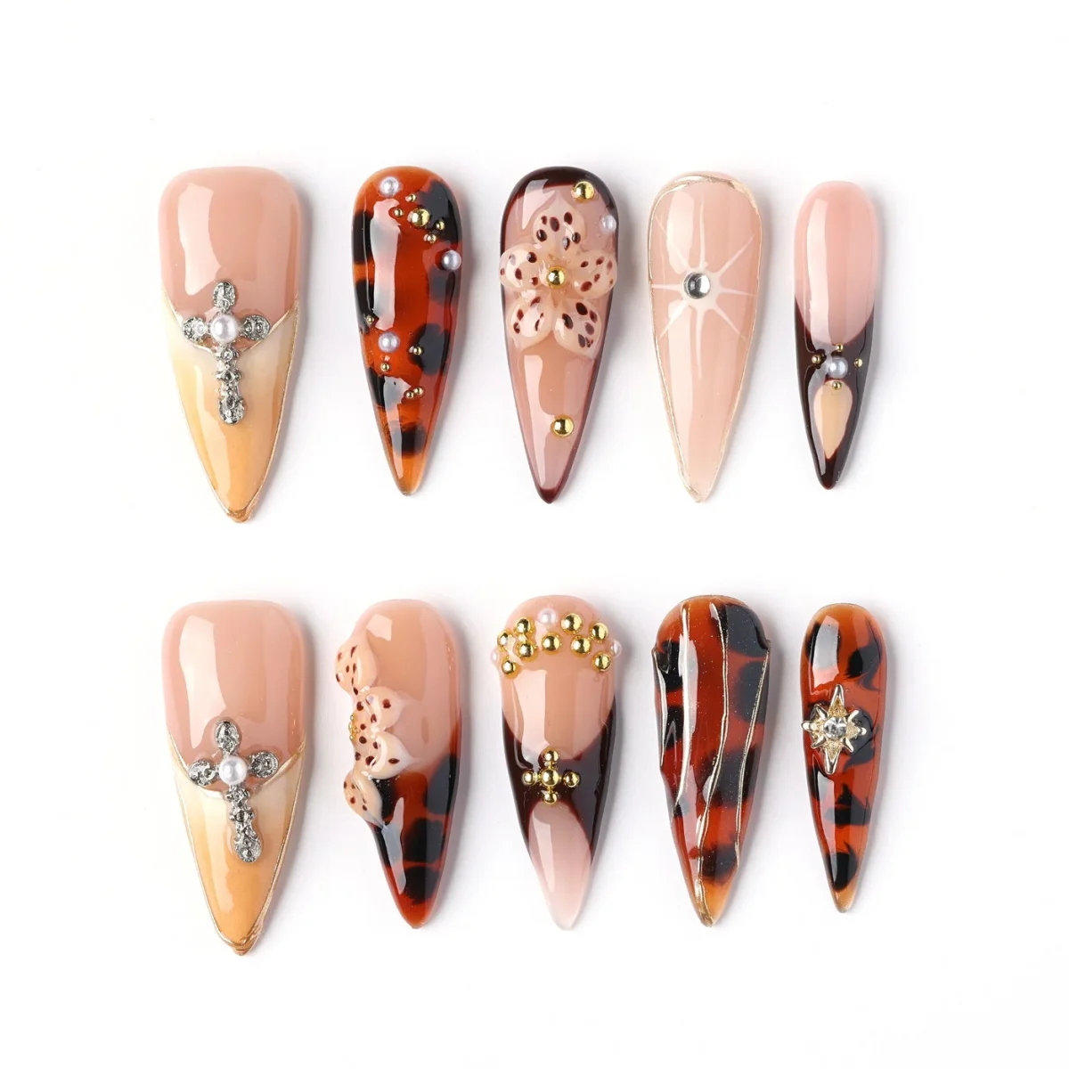 Amber Tortoise Cross, press-on nail set, stiletto, long