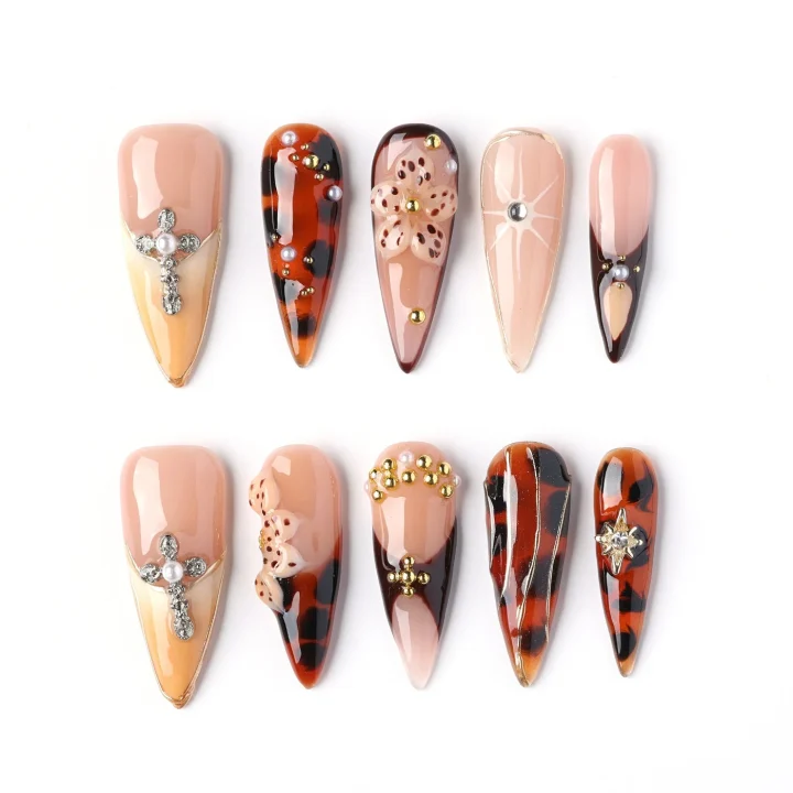 Amber Tortoise Cross, press-on nail set, stiletto, long