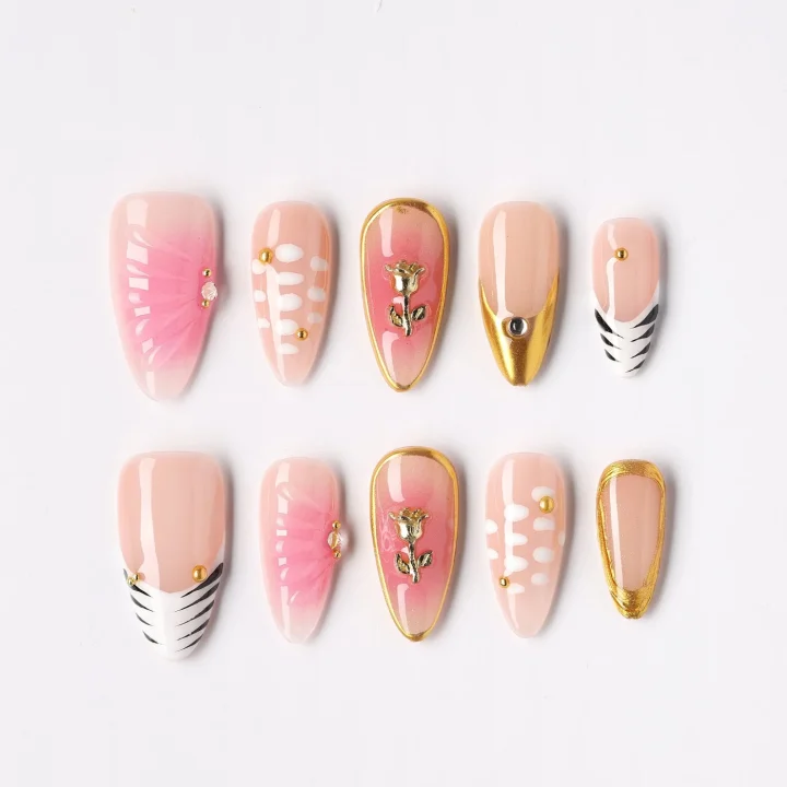 Blush Stripe, press-on nail set, almond, medium