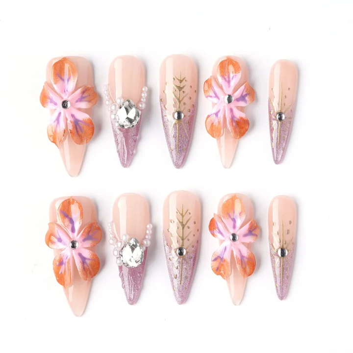 Sunset Orchid Glow, press-on nail set, stiletto, long