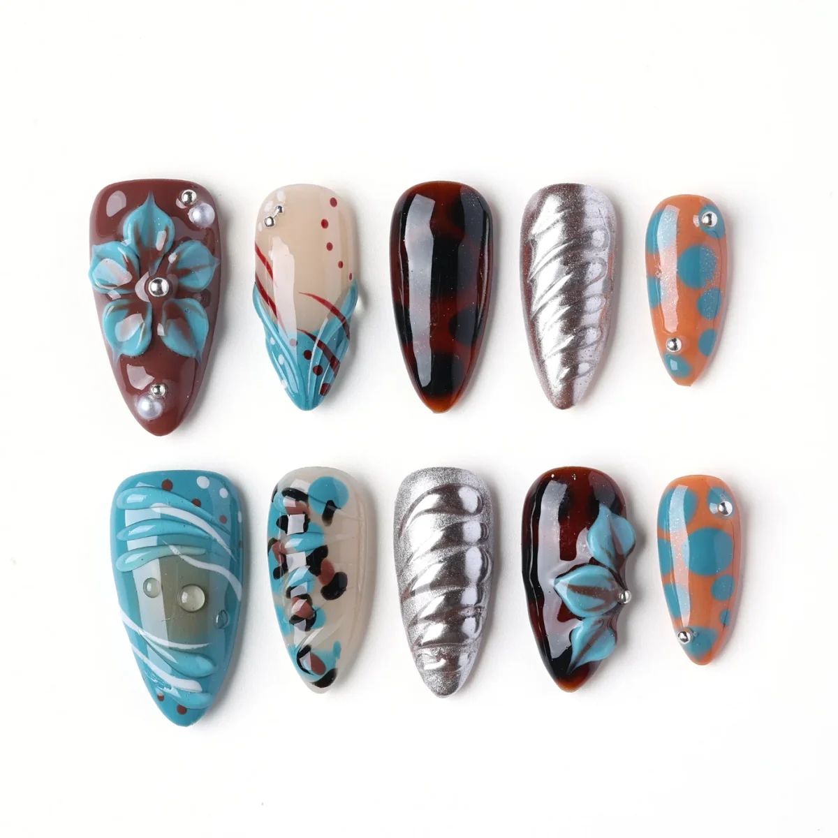 Teal Tortoise Mix, press-on nail set, almond, medium