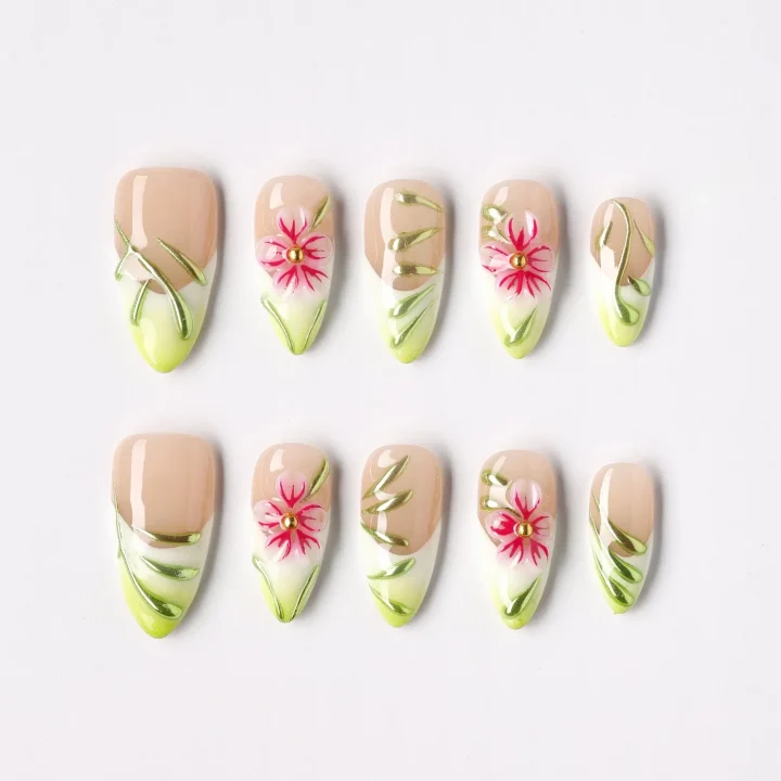Traced Bloom, press-on nail set, almond, medium