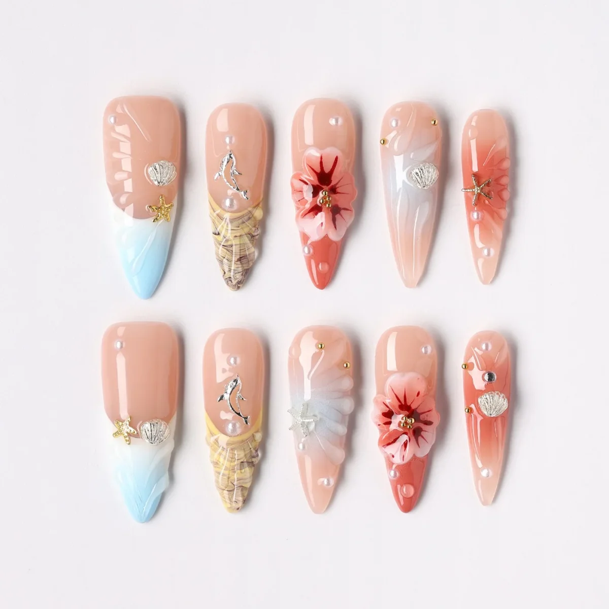 Blush Trail, press-on nail set, almond, long