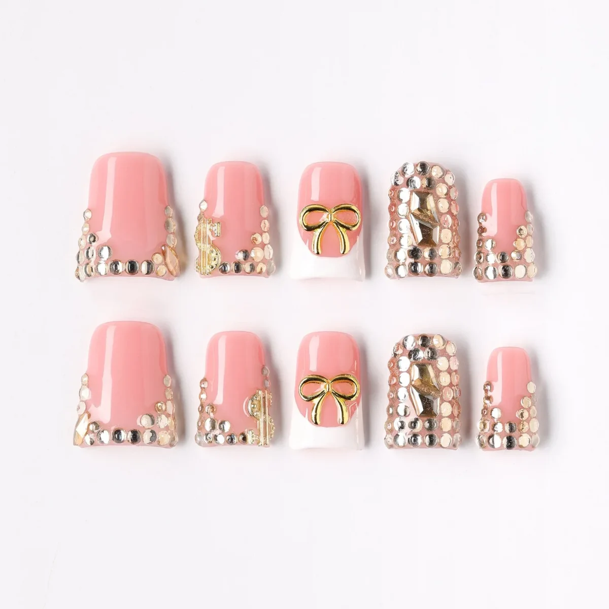 Bow Glam, press-on nail set, coffin, short