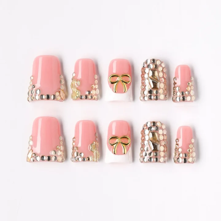 Bow Glam, press-on nail set, coffin, short