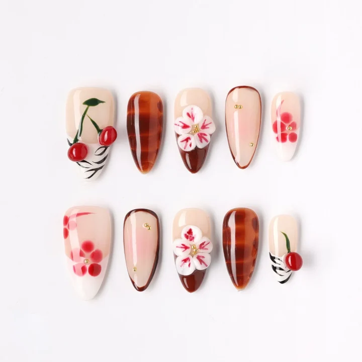Cherry Blossom, press-on nail set, almond, medium
