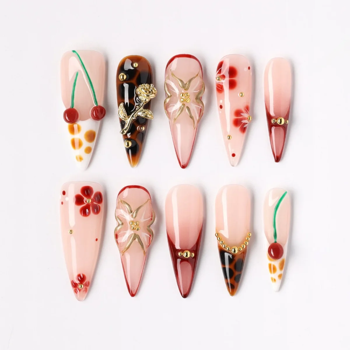 Cherry Haze, press-on nail set, almond, long