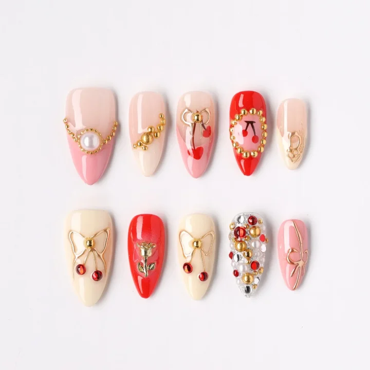 Cherry Luxe, press-on nail set, almond, medium