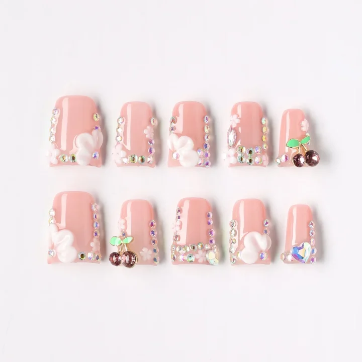 Cherry Petal, press-on nail set, coffin, short
