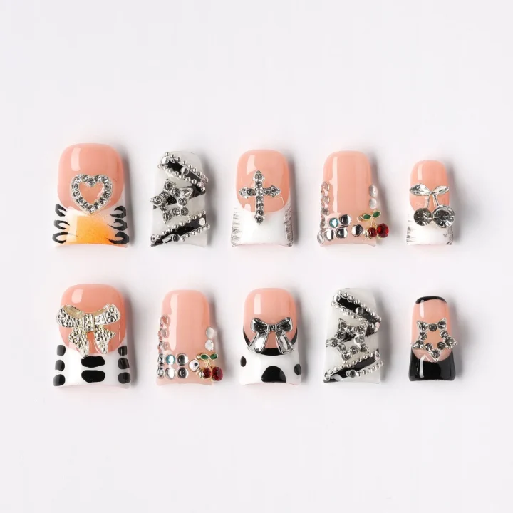 Cherry Ribbon, press-on nail set, coffin, short