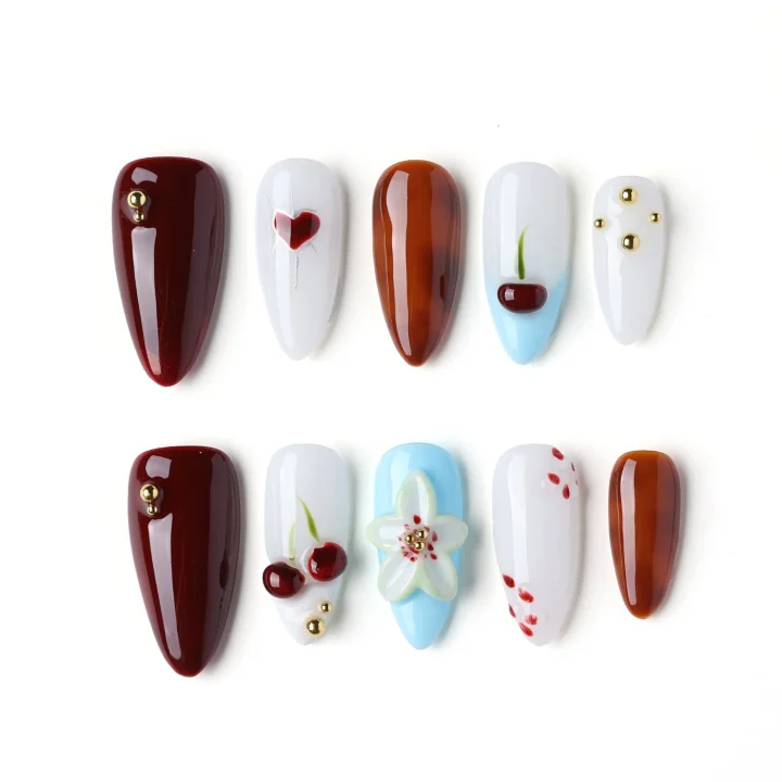 Cherry Wine Bloom, press-on nail set, almond, medium