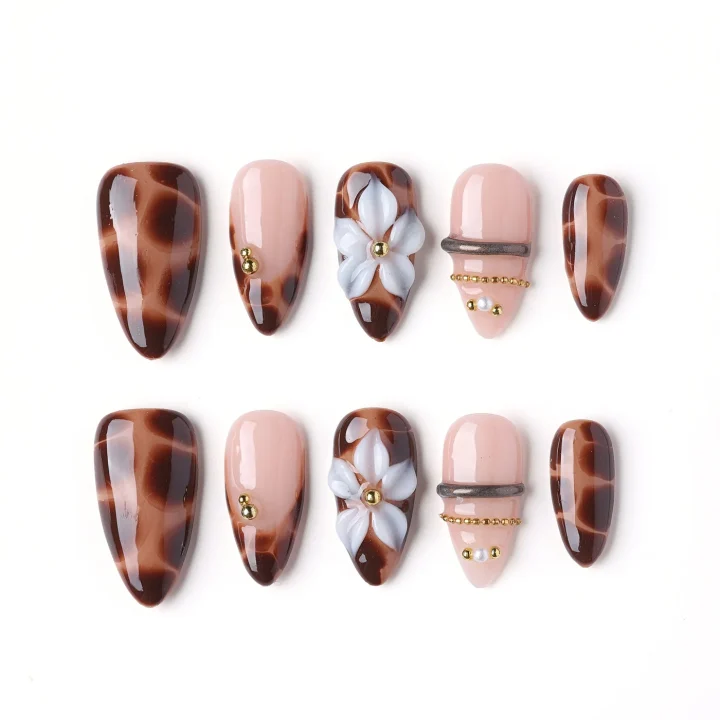 Chocolate Marble Bloom, press-on nail set, almond, medium