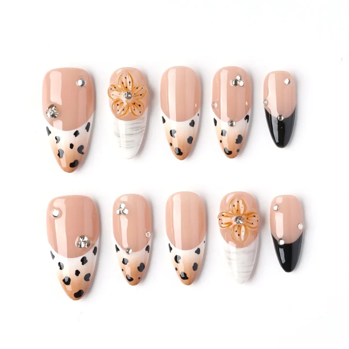 Cocoa Leopard French, press-on nail set, almond, medium