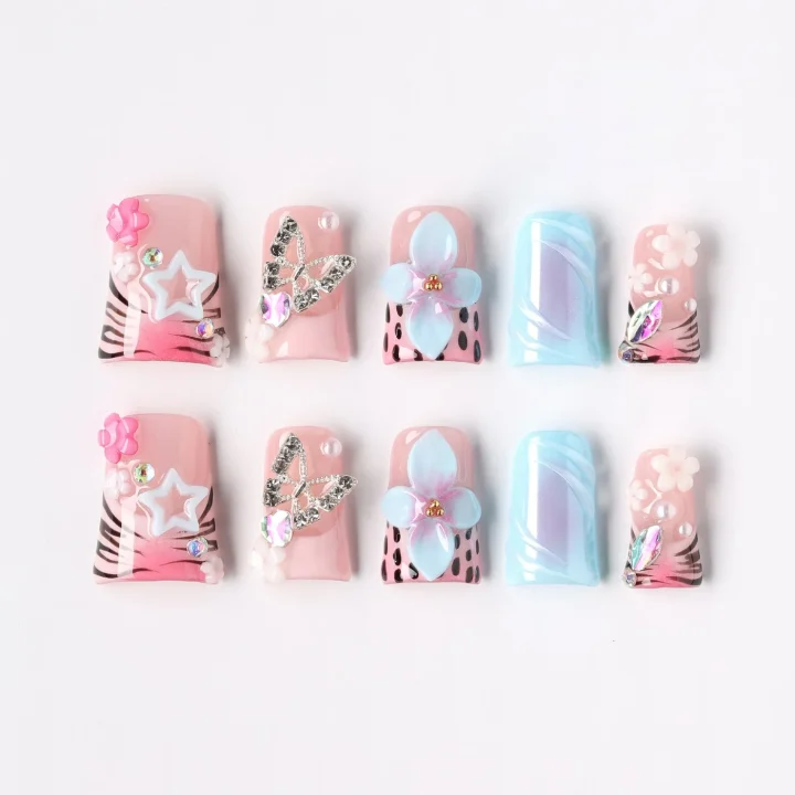Color Carved, press-on nail set, coffin, short