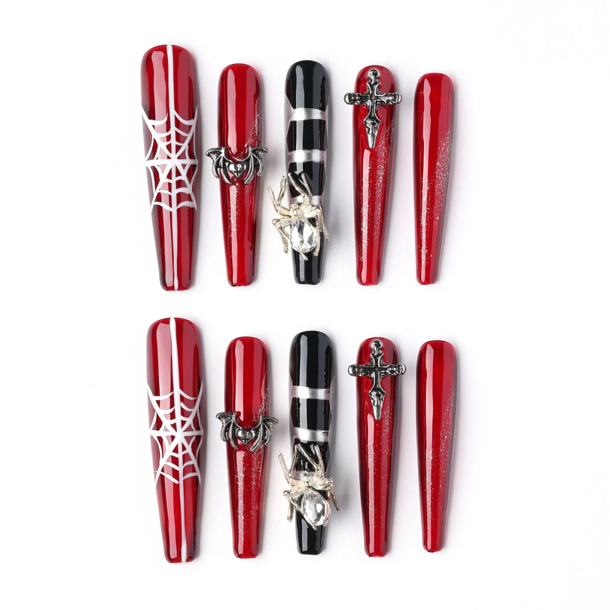 Crimson Spider Web, press-on nail set, ballerina, long