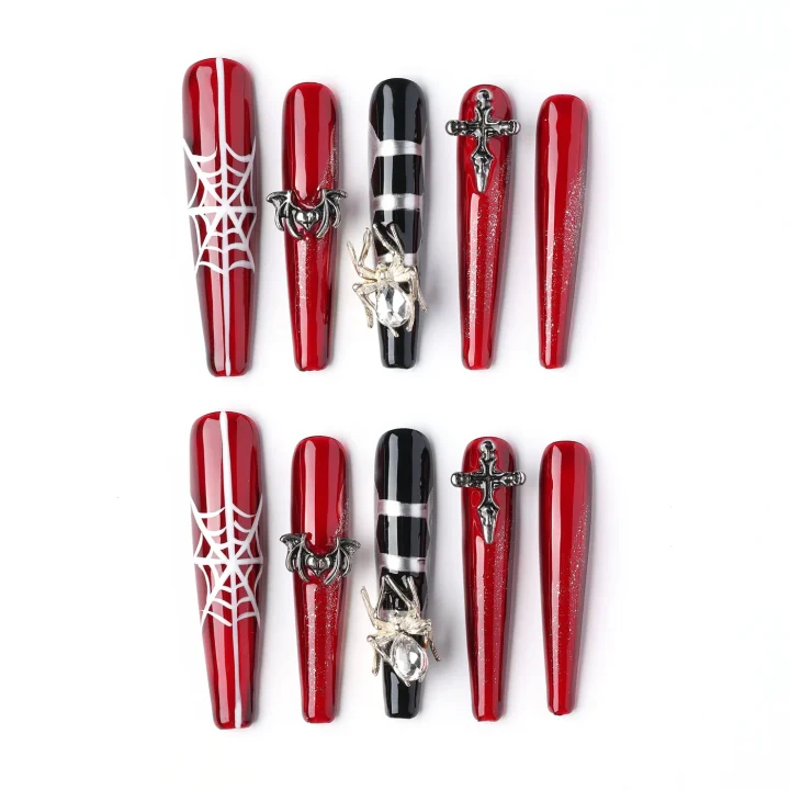 Crimson Spider Web, press-on nail set, ballerina, long