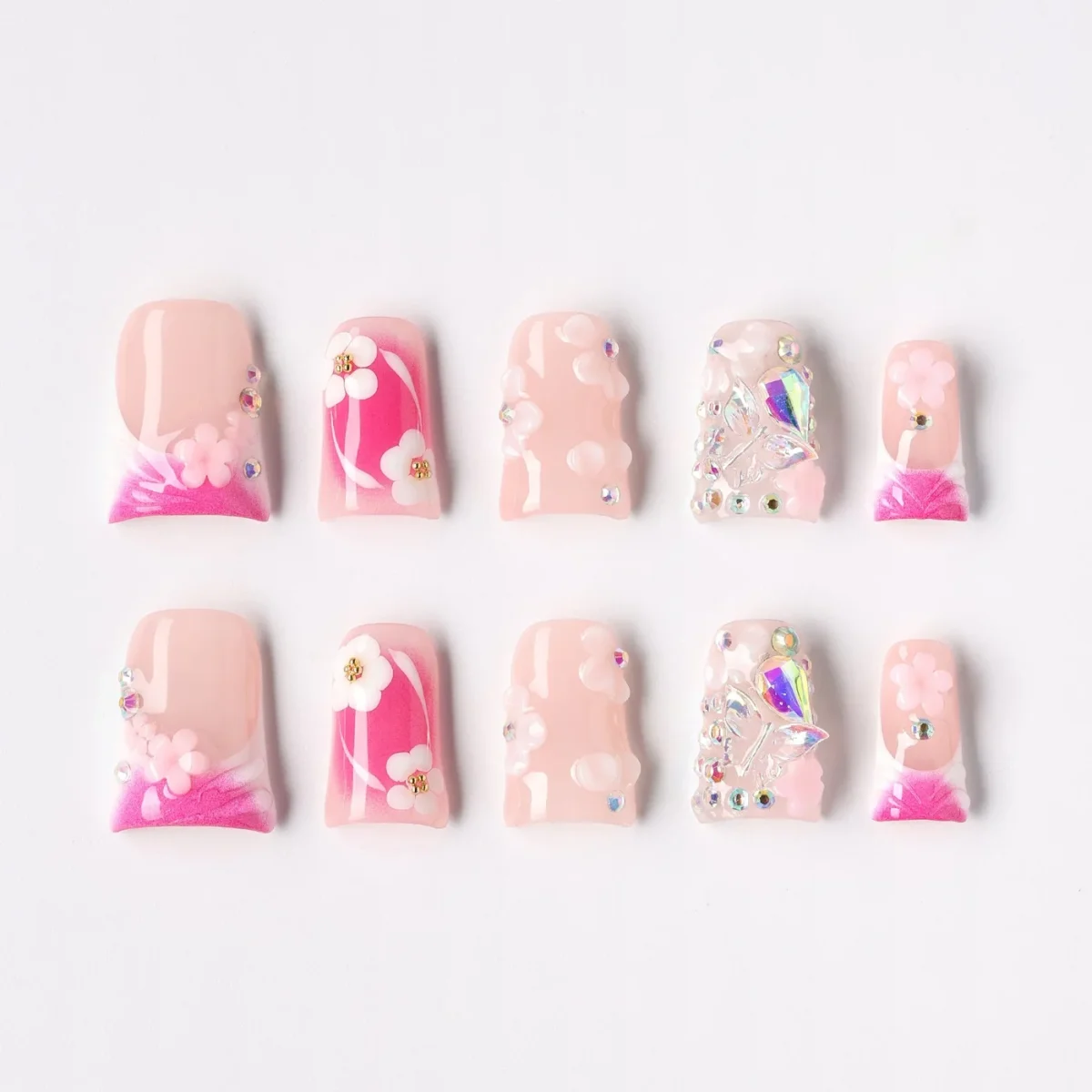 Crystal Bloom, press-on nail set, coffin, short