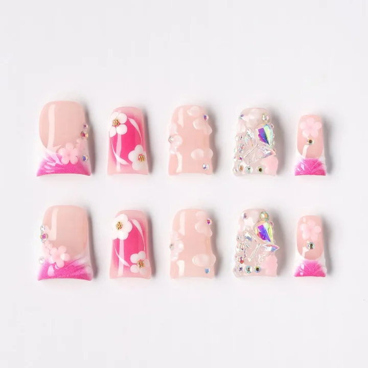 Crystal Bloom, press-on nail set, coffin, short