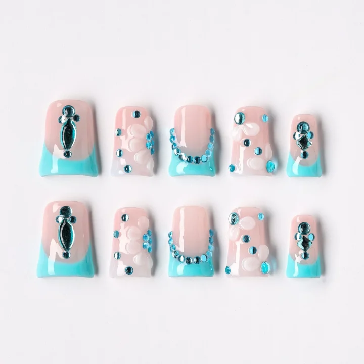 Crystal French, press-on nail set, coffin, short