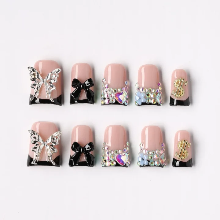 Dark Flutter, press-on nail set, coffin, short