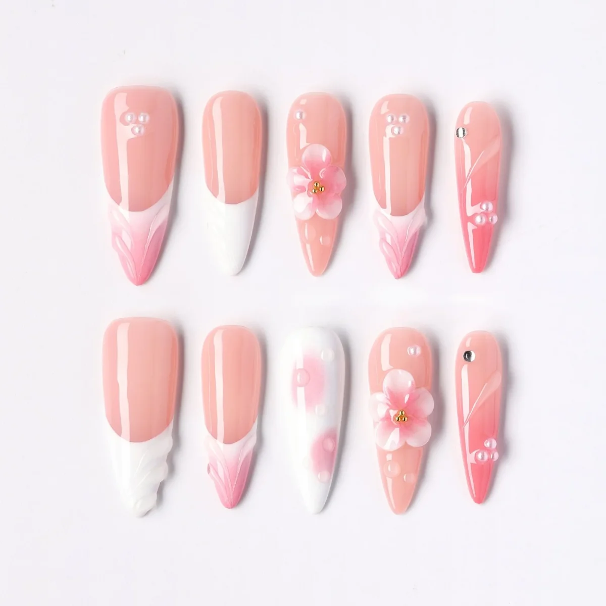 Fading Petal, press-on nail set, almond, long