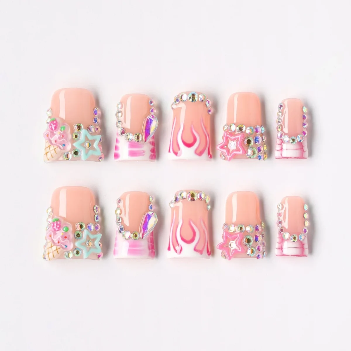 Flame Spark, press-on nail set, coffin, short