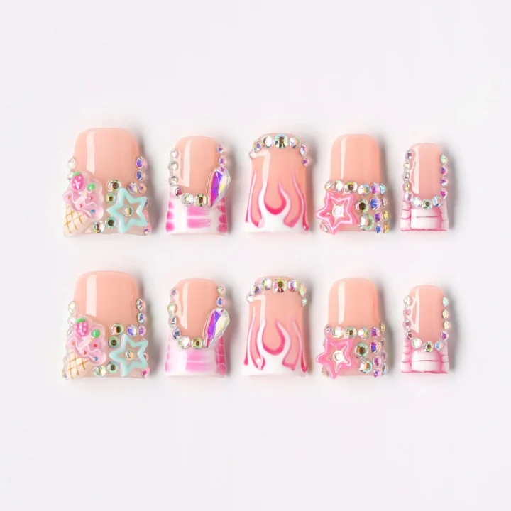 Flame Spark, press-on nail set, coffin, short