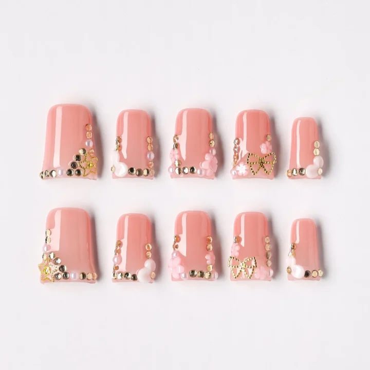 Flora Gem, press-on nail set, coffin, short