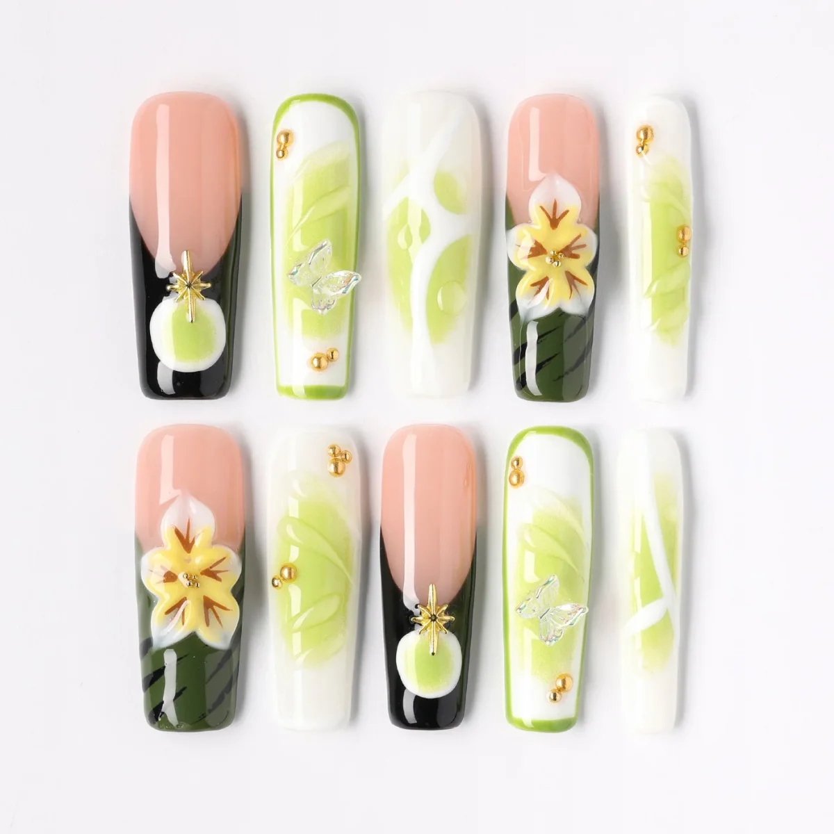 Garden Glow, press-on nail set, tunnel, long