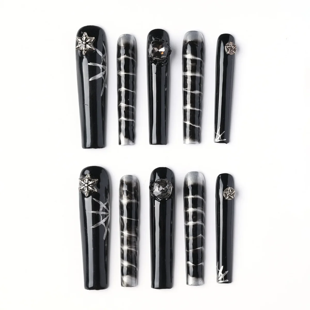 Black Star Cat Eye, press-on nail set, tunnel, long