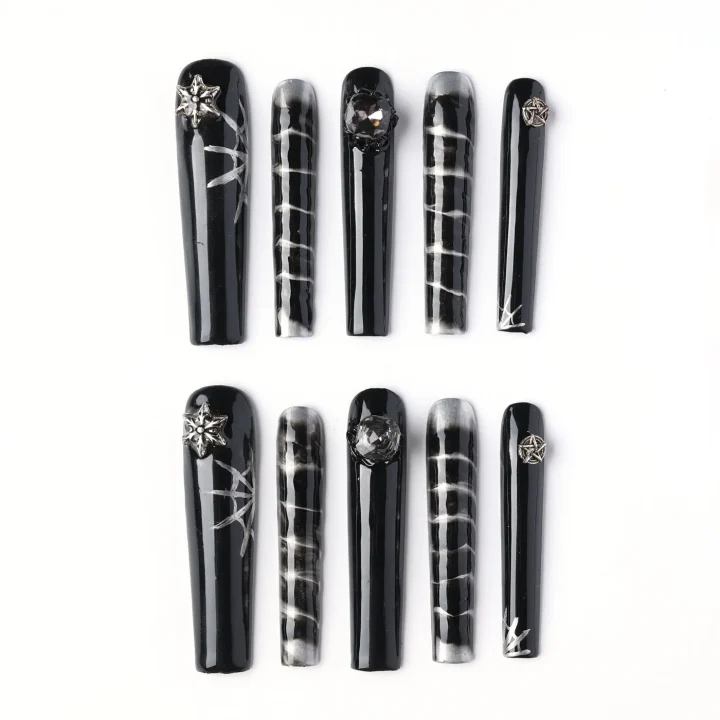 Black Star Cat Eye, press-on nail set, tunnel, long