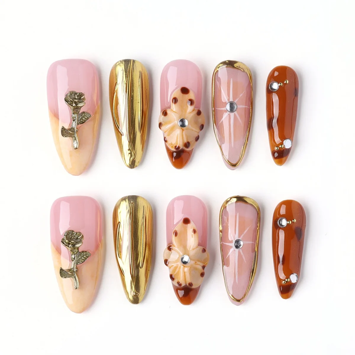 Golden Hour Rose, press-on nail set, almond, medium