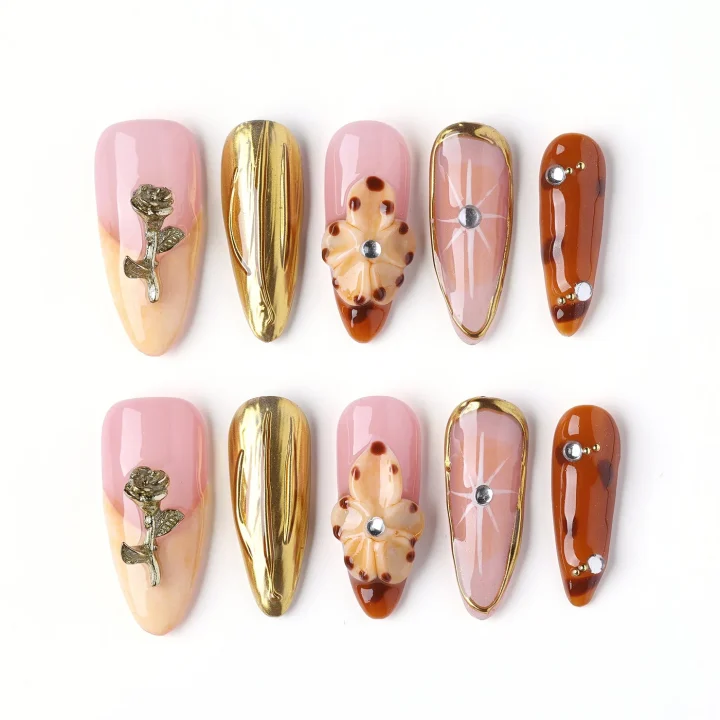 Golden Hour Rose, press-on nail set, almond, medium