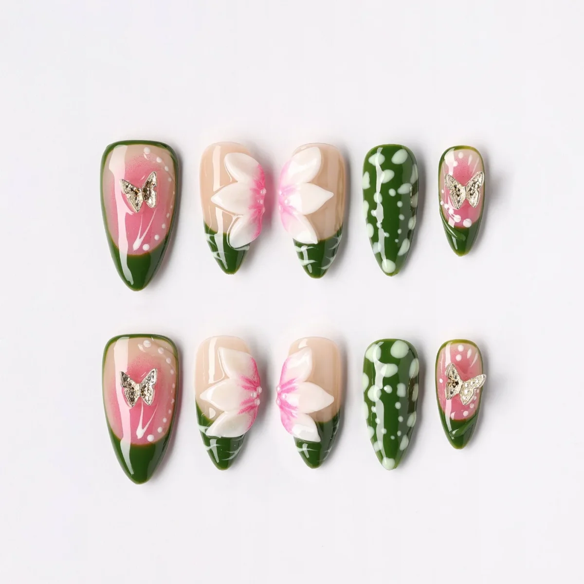 Green Sketch, press-on nail set, almond, medium
