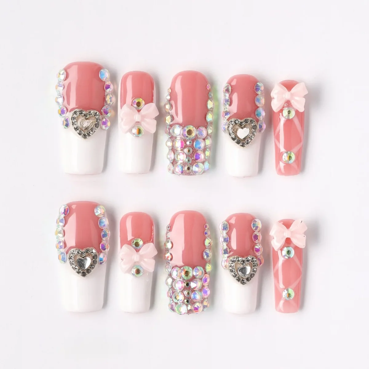 Heart Bow, press-on nail set, square, medium-long