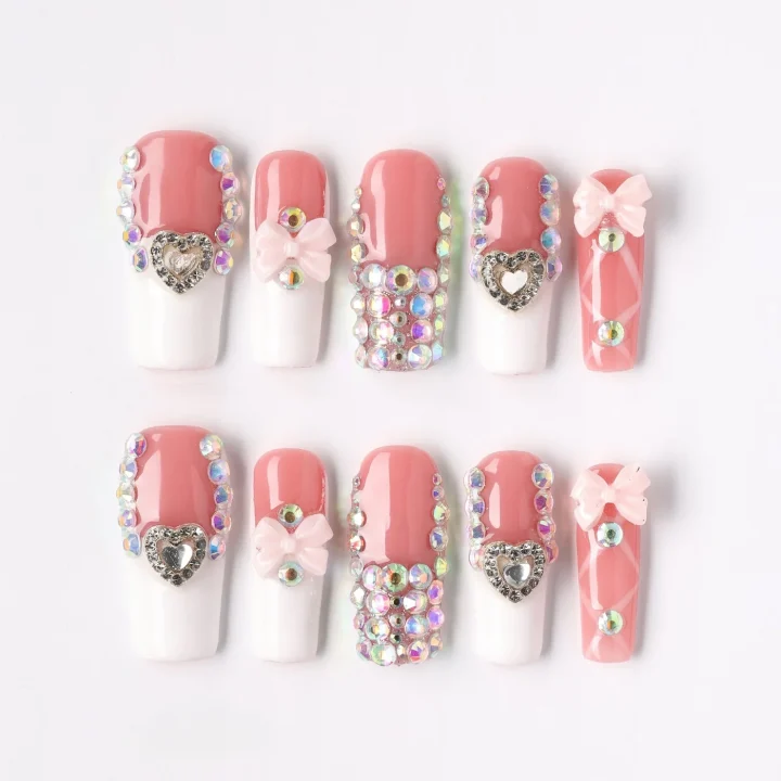 Heart Bow, press-on nail set, square, medium-long