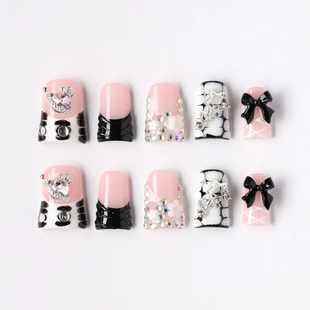 Lilac Bow, press-on nail set, coffin, short