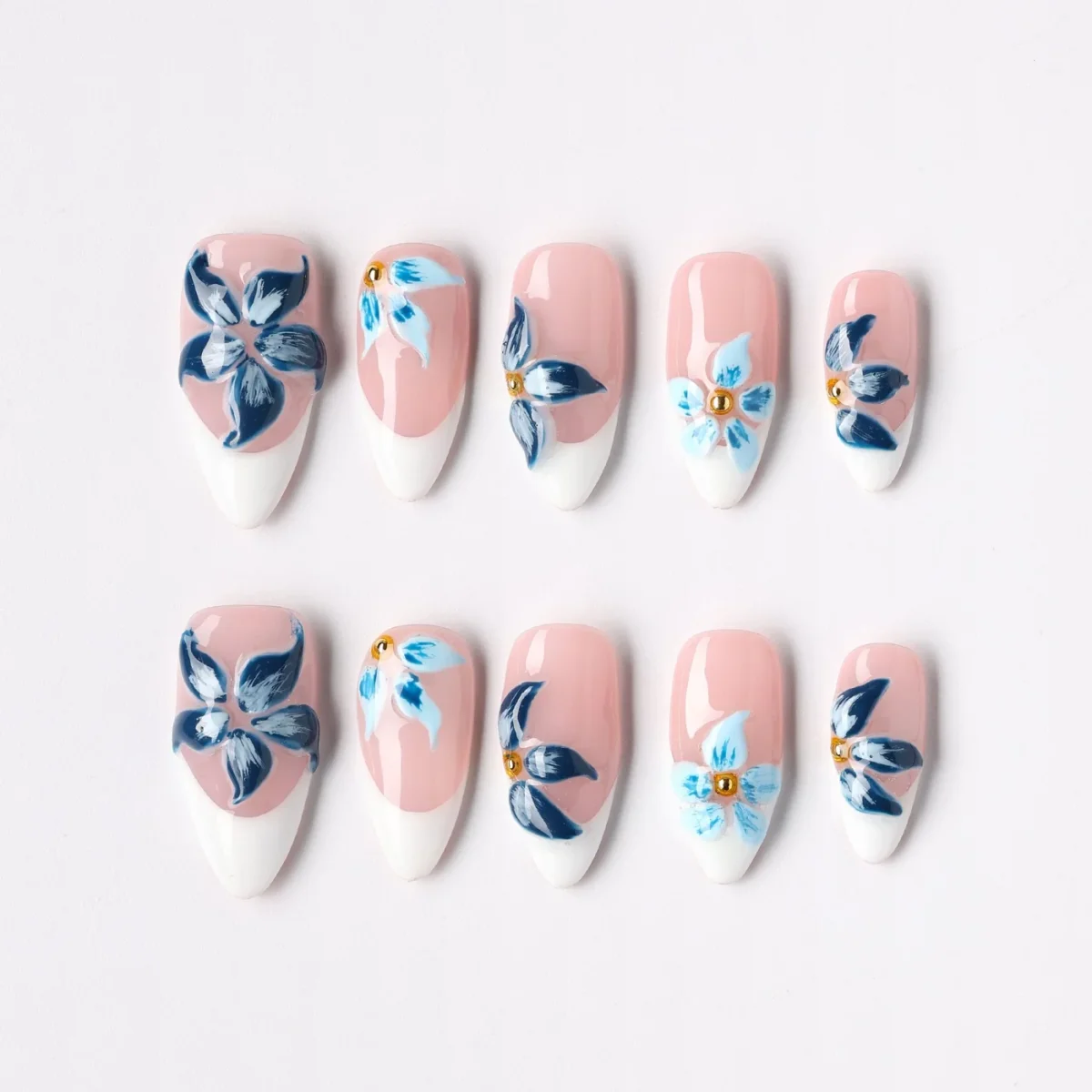 Blue Peony, press-on nail set, almond, medium