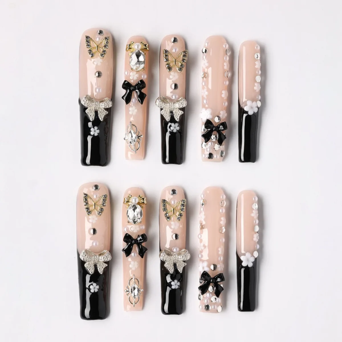 Midnight Bow, press-on nail set, tunnel, extra long