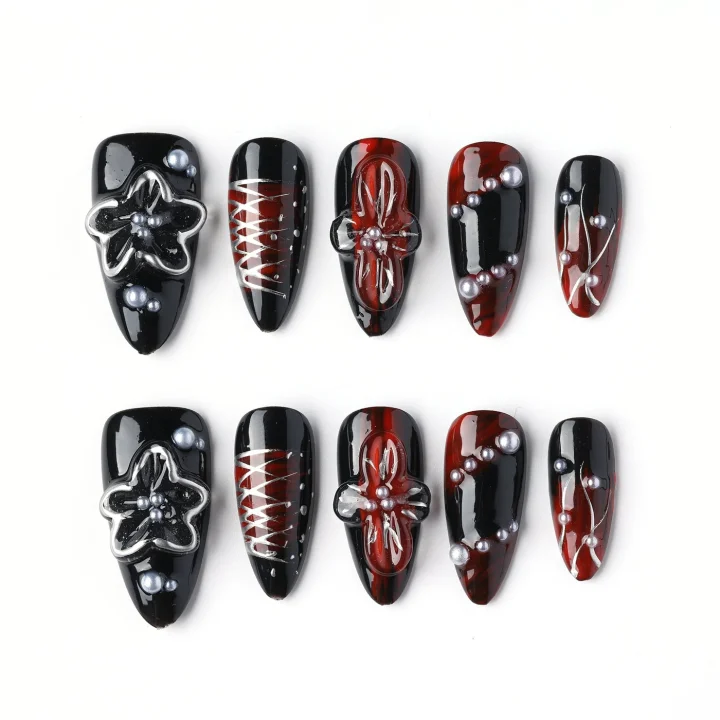 Midnight Rose Noir, press-on nail set, almond, medium