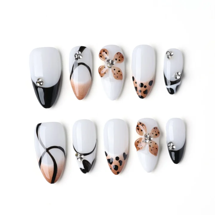 Mocha Swirl Blossom, press-on nail set, almond, medium