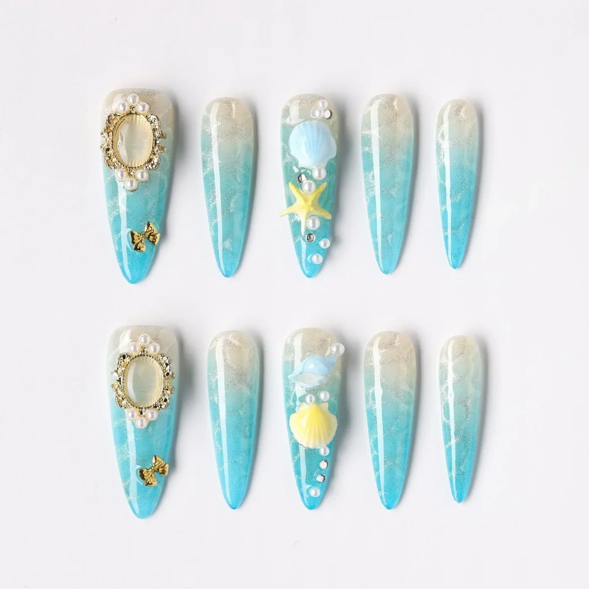 Moonlit Shell, press-on nail set, stiletto, long