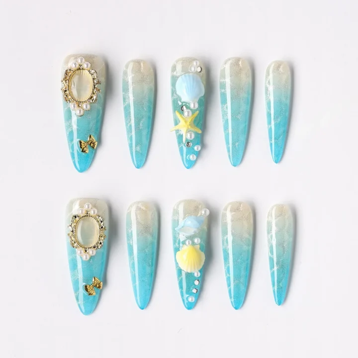 Moonlit Shell, press-on nail set, stiletto, long