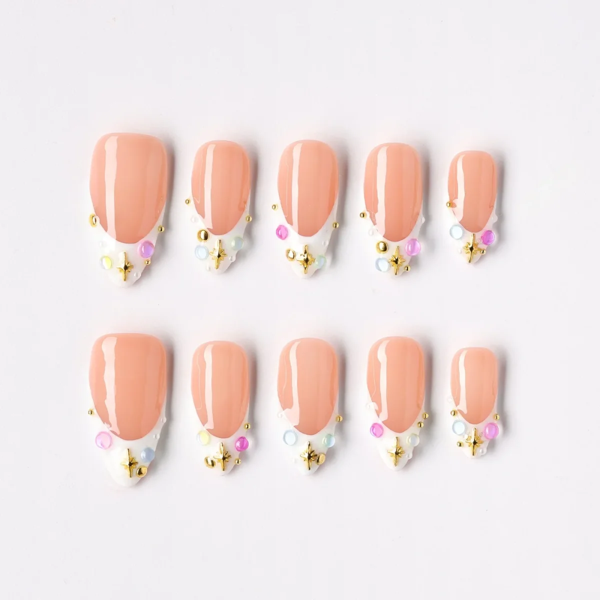 Multicolor small rhinestones, press-on nail set, almond, medium
