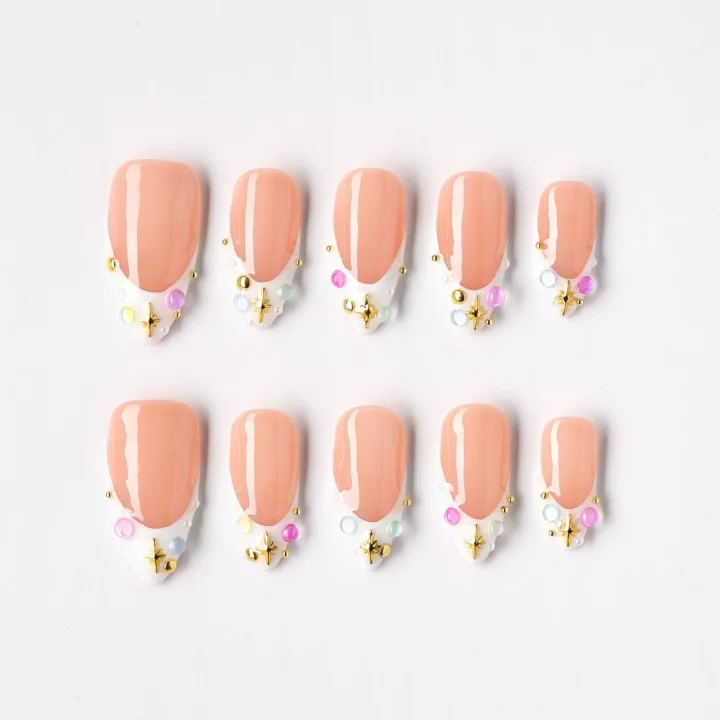 Multicolor small rhinestones, press-on nail set, almond, medium