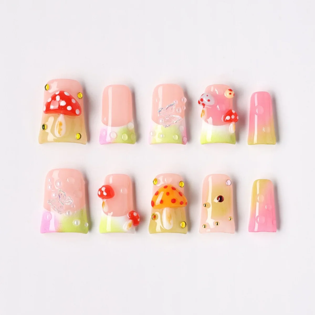 Mushroom Magic, press-on nail set, coffin, short