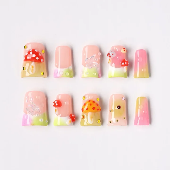 Mushroom Magic, press-on nail set, coffin, short