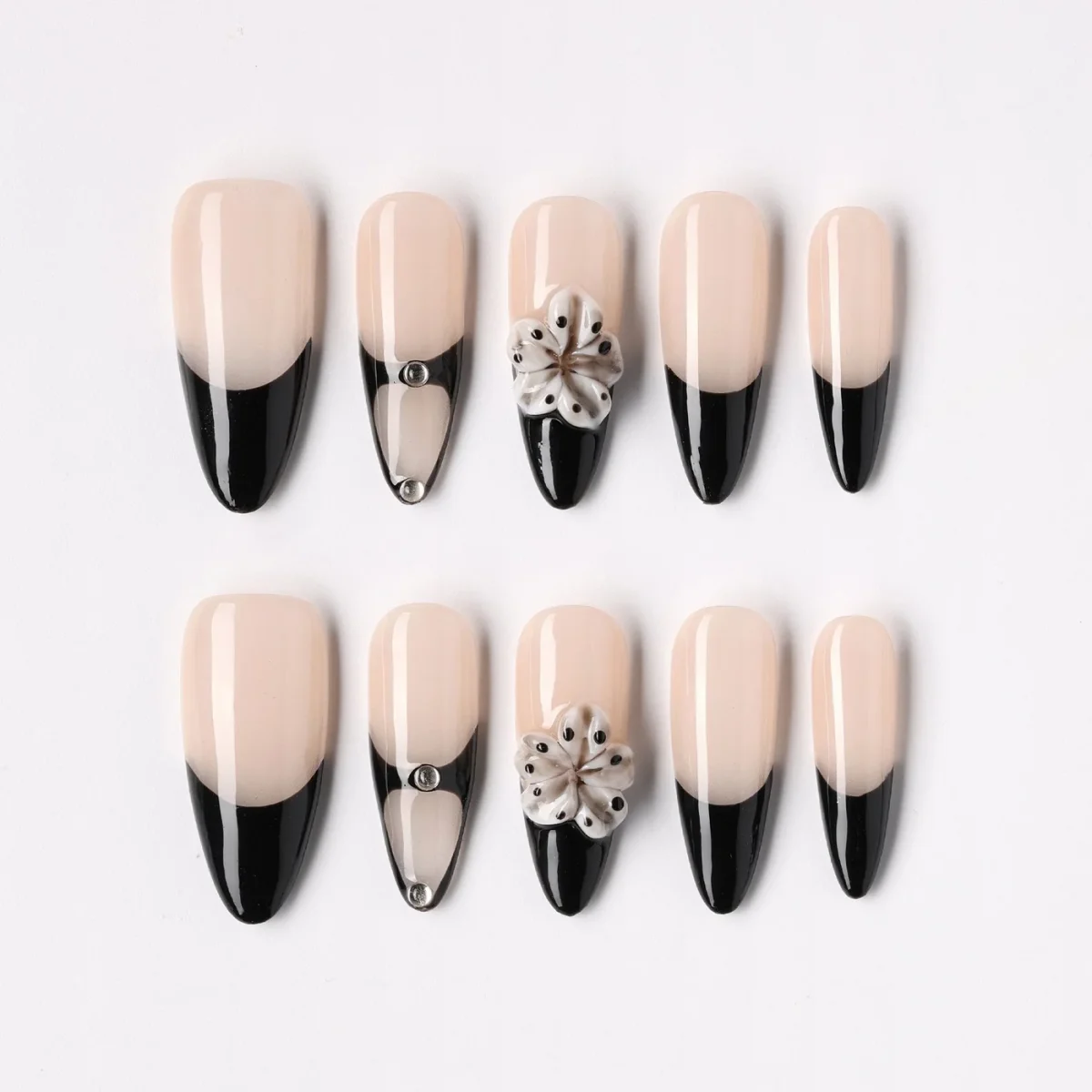 Noir Bloom, press-on nail set, almond, long