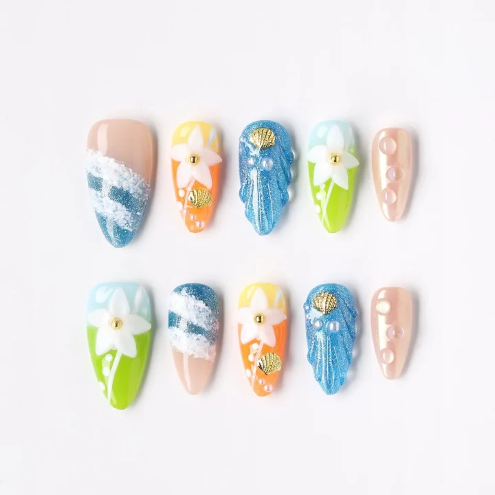 Ocean Breeze, press-on nail set, almond, medium