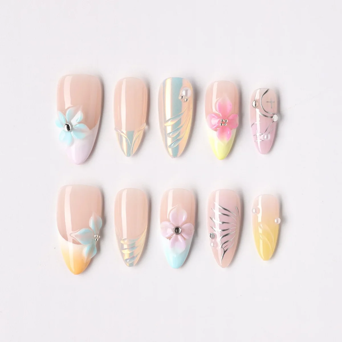 Pastel Garden, press-on nail set, almond, medium